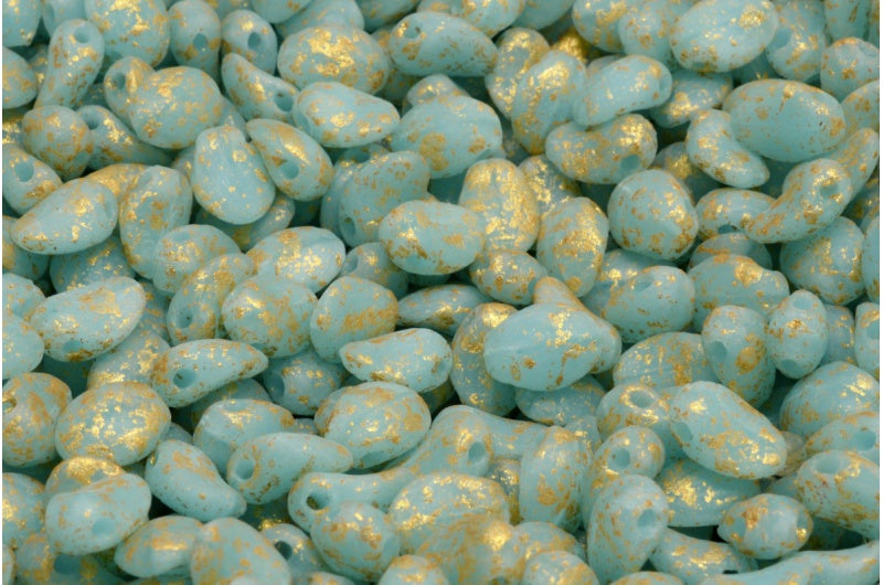 Tulip Petal Beads, Opal Aqua Etched Gold Splash (61400-ETCH-94401), Glass, Czech Republic