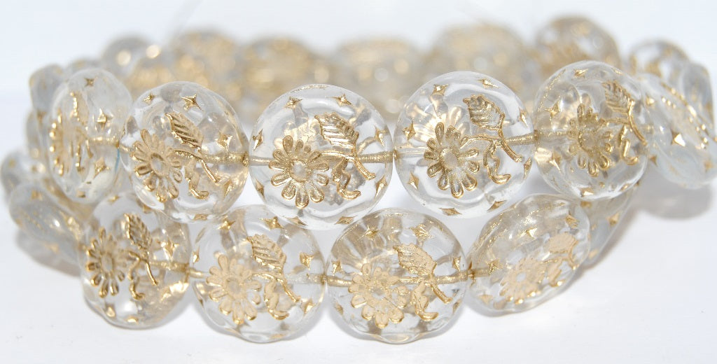 Round Flat With Flower Marguerite Pressed Glass Beads, (01000B 54202), Glass, Czech Republic
