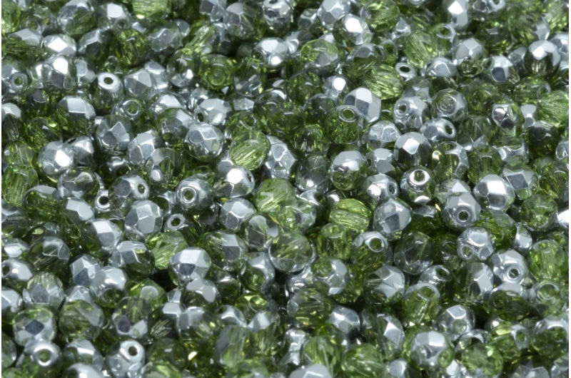 Fire Polished Faceted Beads Round, Transparent Green Crystal Silver Half Coating (50400-27001), Bohemia Crystal Glass, Czech Republic