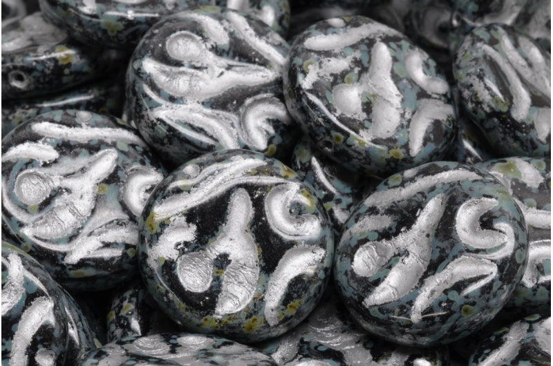 装飾付きフラットラウンドデザインビーズ、ブラックトラバーチンシルバーライン(23980-86800-54301)、ガラス、チェコ共和国