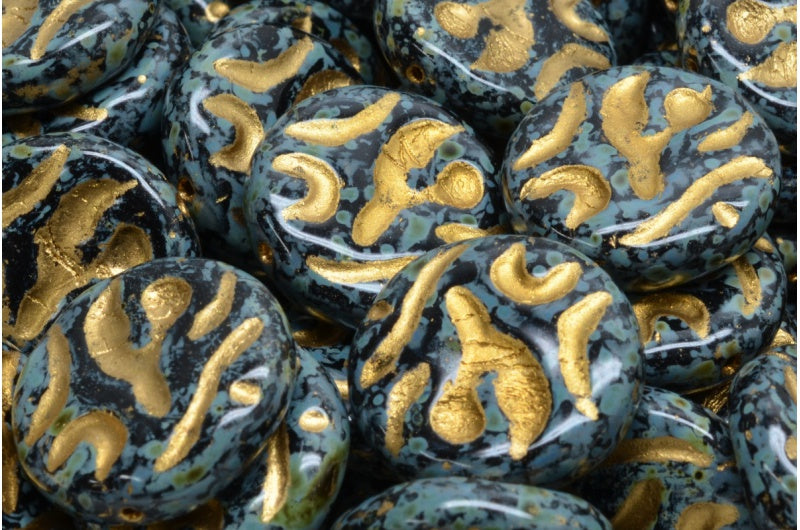 装飾付きフラットラウンドデザインビーズ、ブラックトラバーチンゴールドライン(23980-86800-54302)、ガラス、チェコ共和国