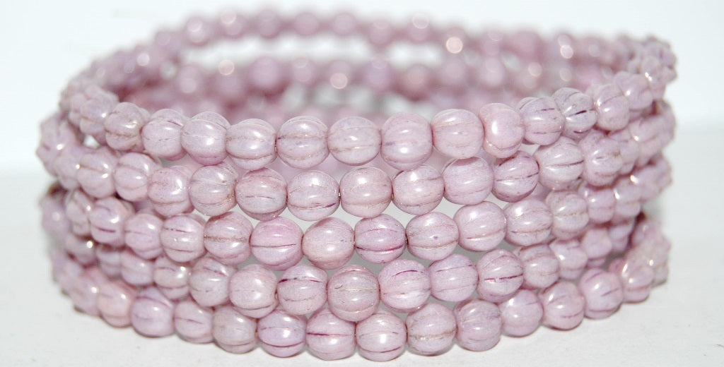 Melon Round Pressed Glass Beads With Stripes, White Luster Lila (2010 14494), Glass, Czech Republic