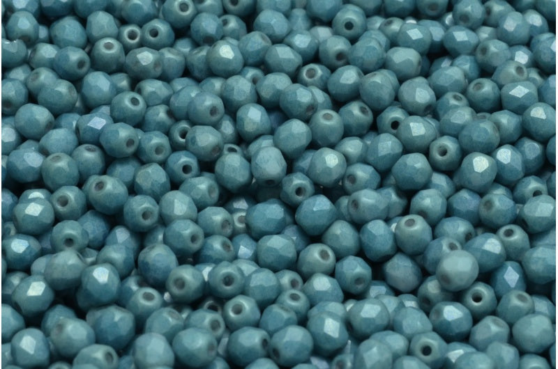 ファセット加工ラウンドビーズ、チョークホワイトマットラスターブルーフルコーティング(03000-84100-14464)、ボヘミアクリスタルガラス、チェコ共和国