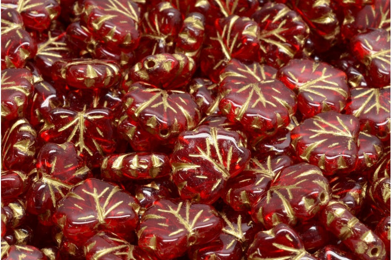メープルリーフビーズ、ルビーレッドゴールドライン(90080-54302)、ガラス、チェコ共和国
