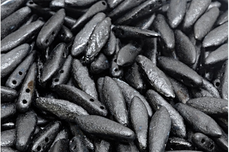 2穴ダガービーズ、ブラックエッチング(23980-ETCH)、ガラス、チェコ共和国