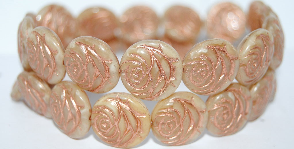 Round Flat Rose Flower Pressed Glass Beads, (16017 54200), Glass, Czech Republic