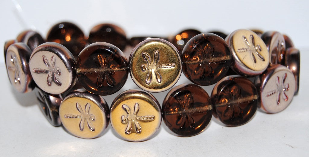 Round Flat Wit Dragonfly Pressed Glass Beads, Transparent Brown 27101 (10230 27101), Glass, Czech Republic