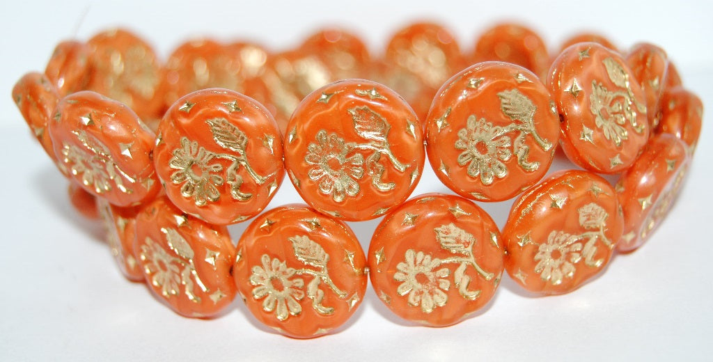 Round Flat With Flower Marguerite Pressed Glass Beads, (96018 54202), Glass, Czech Republic