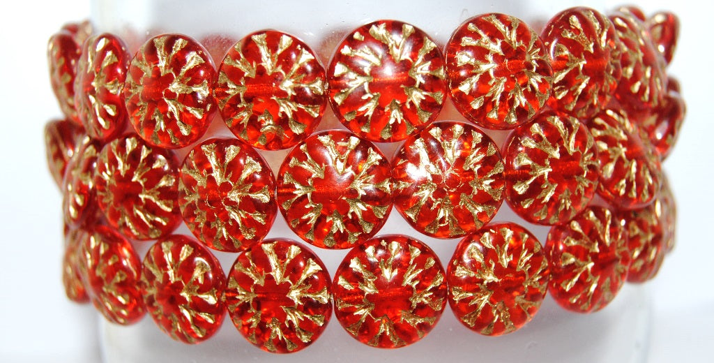 Round Flower Edelweiss Pressed Glass Beads, Transparent Red 54202 (90060 54202), Glass, Czech Republic