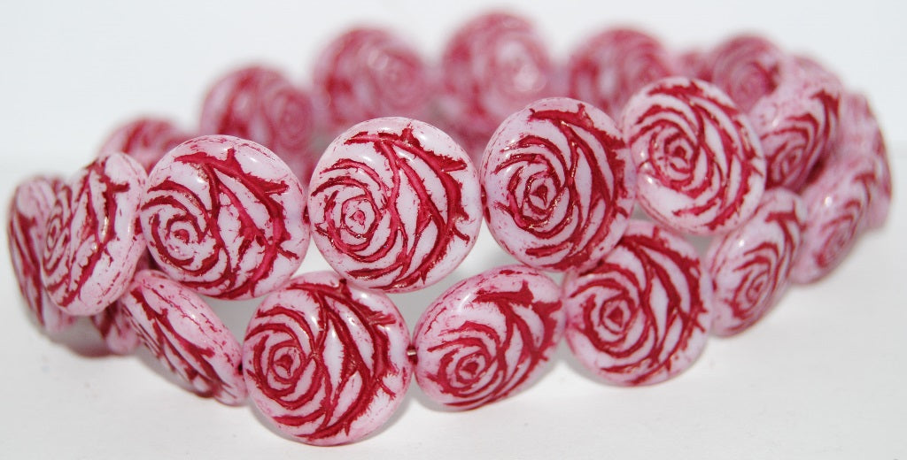 Round Flat Rose Flower Pressed Glass Beads, White 46490 (2010 46490), Glass, Czech Republic