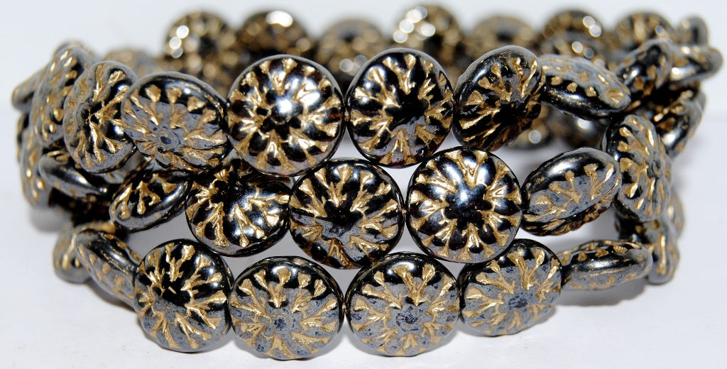 Round Flower Edelweiss Pressed Glass Beads, Black Hematite 54202 (23980 14400 54202), Glass, Czech Republic