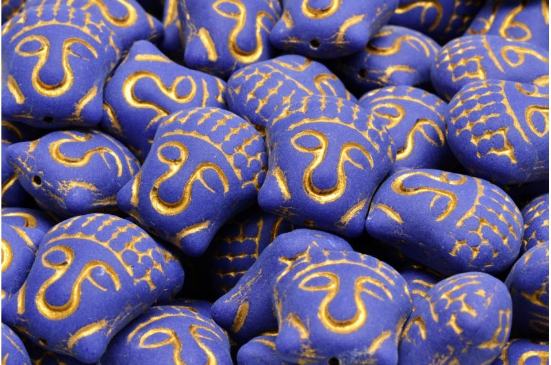 Buddha Head Beads, Opaque Blue Gold Lined Matte (33070-54302-84100), Glass, Czech Republic