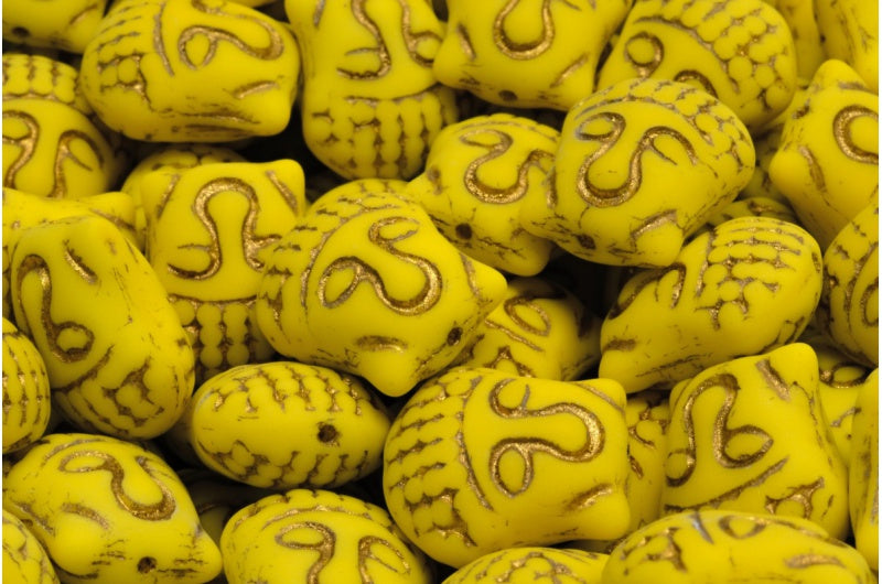 Buddha Head Beads, Opaque Yellow Gold Lined Matte (83110-54302-84100), Glass, Czech Republic