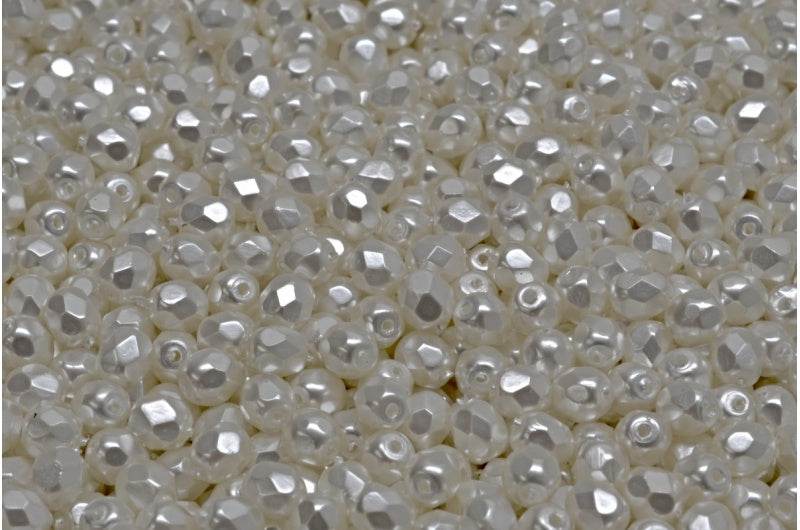 ファセット加工ラウンドビーズ、ホワイトパール(02010-70402)、ボヘミアクリスタルガラス、チェコ共和国