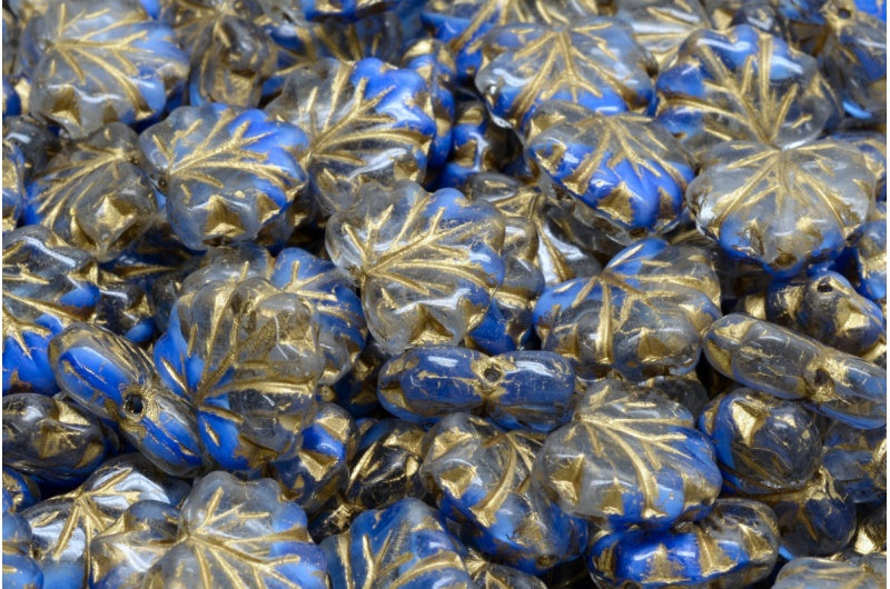 メープルリーフビーズ、ブルーゴールドライン(R0342-54302)、ガラス、チェコ共和国