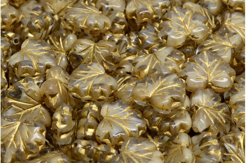 メープルリーフビーズ、ベージュゴールドライン(R0140-54302)、ガラス、チェコ共和国