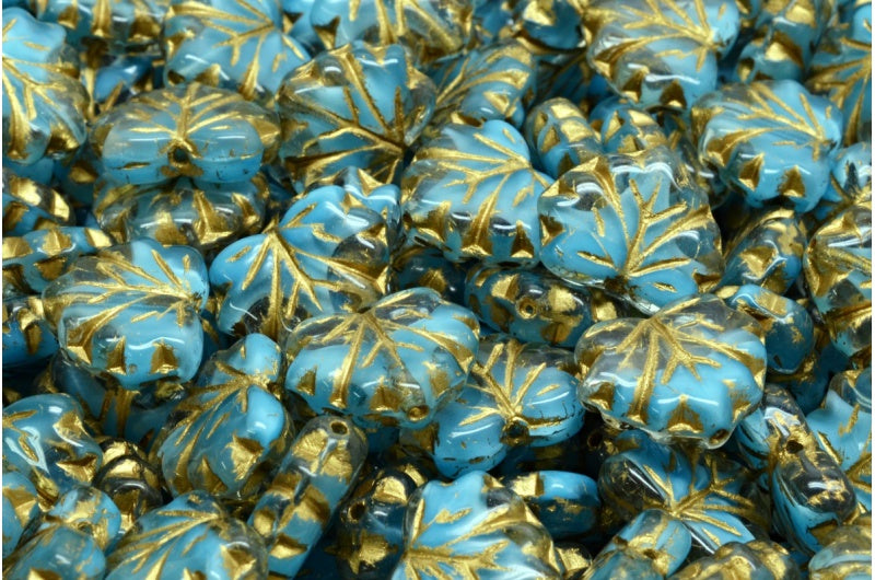 メープルリーフビーズ、ブルーゴールドライン(R0641-54302)、ガラス、チェコ共和国