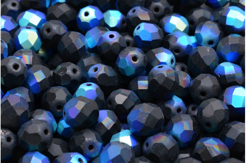 ファセット加工ラウンドビーズ、マットブラックAB(23980-84100-28701)、ボヘミアクリスタルガラス、チェコ共和国