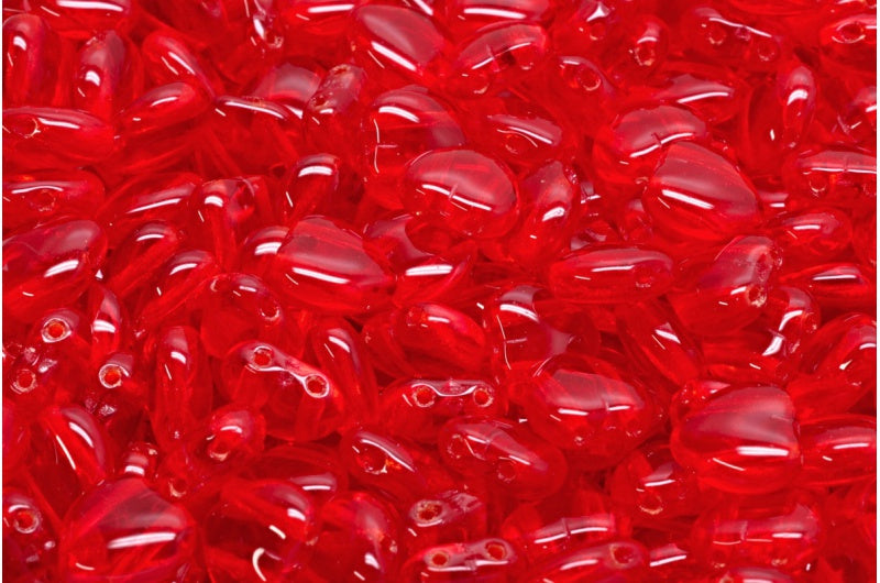 2穴ハートビーズ、ルビーレッド(90080)、ガラス、チェコ共和国