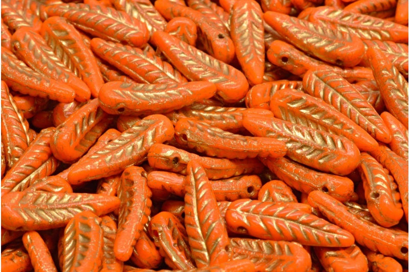 Bird Feather Beads, Opaque Orange Gold Lined (93130-54302), Glass, Czech Republic