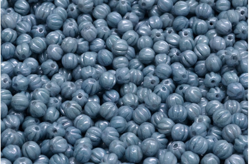 メロンビーズ、ホワイトラスターブルーフルコーティング(02010-14464)、ガラス、チェコ共和国