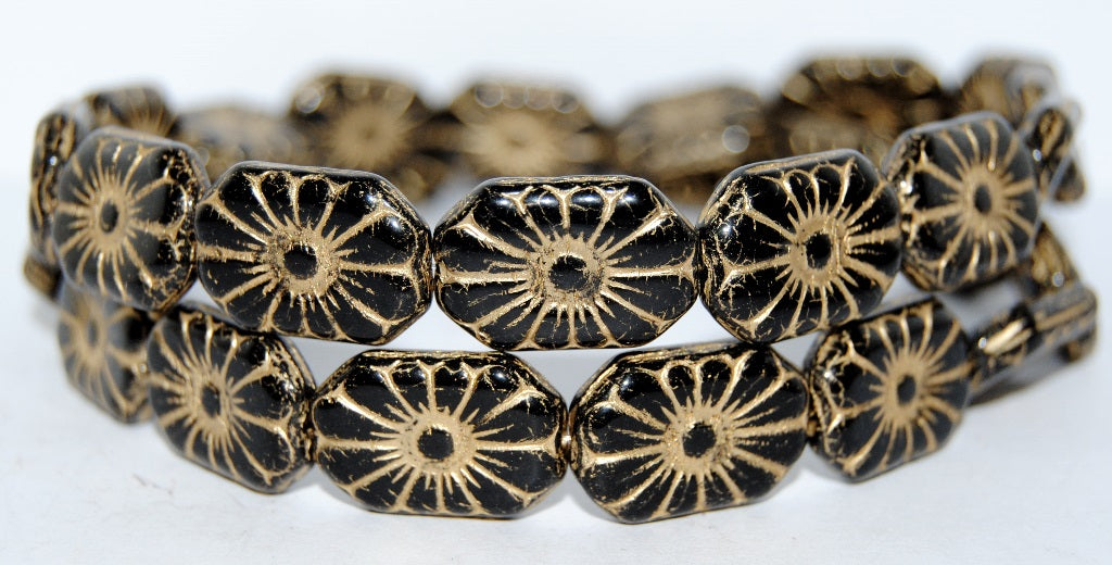 Rounded Rectangle With Flower Pressed Glass Beads, Black 54202 (23980 54202), Glass, Czech Republic