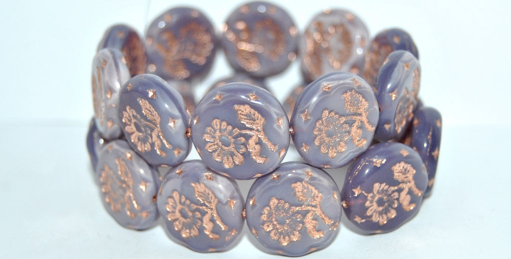 Round Flat With Flower Marguerite Pressed Glass Beads, (21350 54200), Glass, Czech Republic