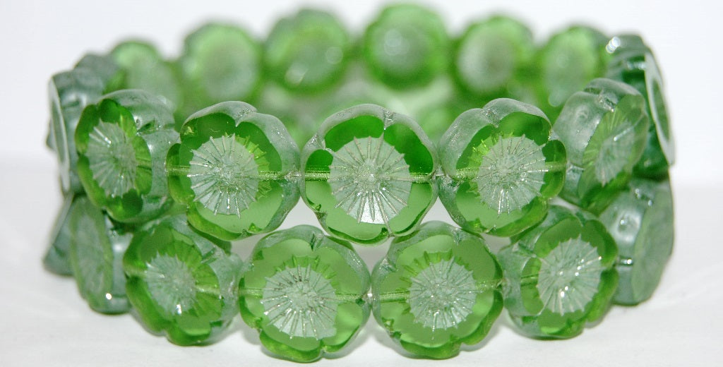 Table Cut Round Beads Hawaii Flowers, Transparent Green Luster Cream (50130 14401), Glass, Czech Republic