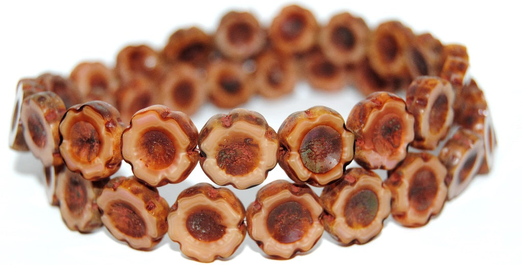 Table Cut Round Beads Hawaii Flowers, 17713 Travertin (17713 86800), Glass, Czech Republic