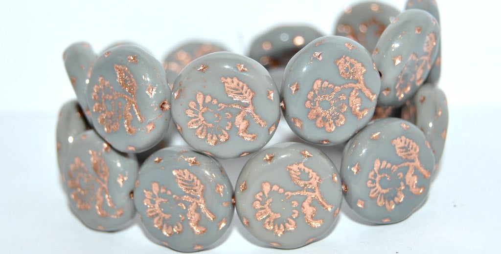 Round Flat With Flower Marguerite Pressed Glass Beads, Opaque Gray 54200 (43030 54200), Glass, Czech Republic