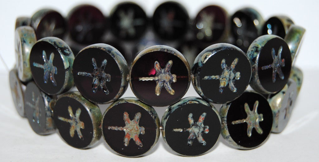 Table Cut Round Beads With Dragonfly, Transparent Amethyst 43400 (20080 43400), Glass, Czech Republic