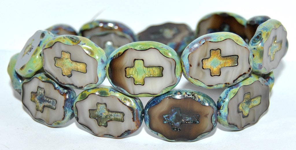 Table Cut Oval Beads With Cross, 15014B Travertin (15014B 86800), Glass, Czech Republic