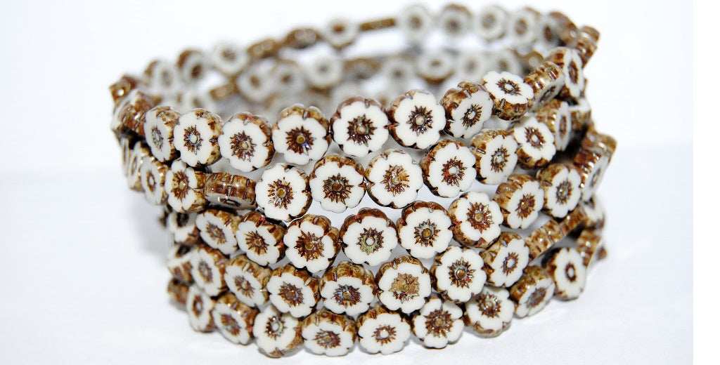 Table Cut Round Beads Hawaii Flowers, 13010 Travertin (13010 86800), Glass, Czech Republic