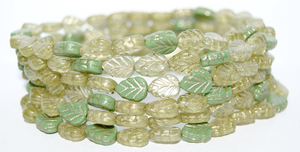 Lilac Leaf Pressed Glass Beads, Green Mixed Colors Silver Lined Crystal 54202 (Green Mix 1 54202), Glass, Czech Republic