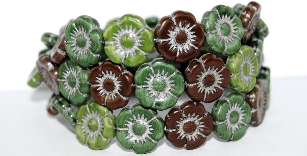 Round Flat Flower Pressed Glass Beads, (Autumn 54201), Glass, Czech Republic