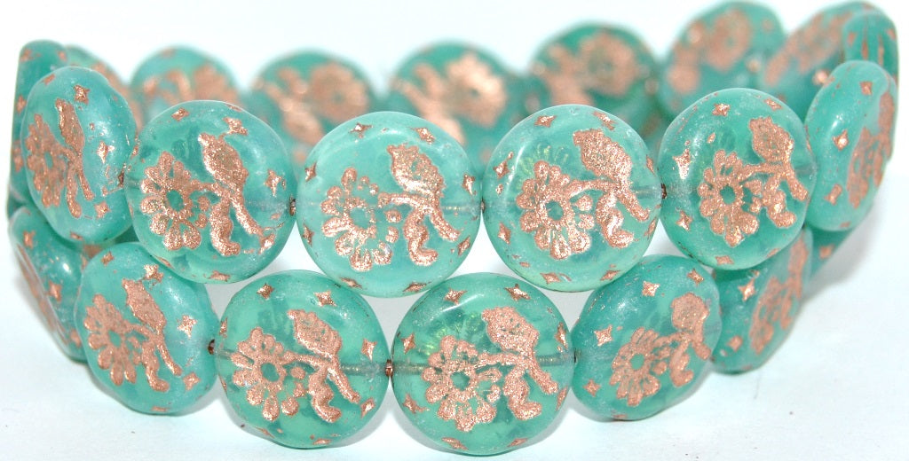 Round Flat With Flower Marguerite Pressed Glass Beads, Opal Aqua 54200 Uranium (61100 54200 Uranium), Glass, Czech Republic