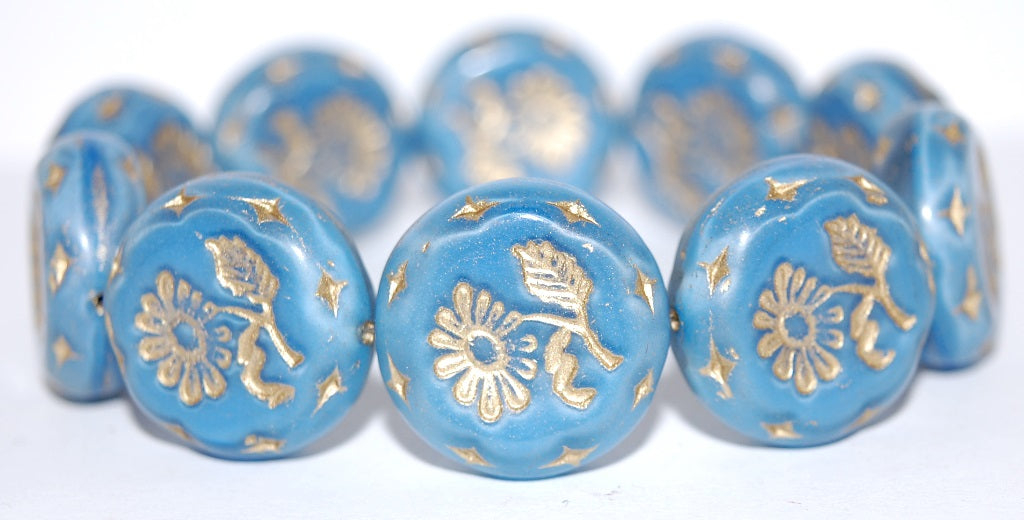 Round Flat With Flower Marguerite Pressed Glass Beads, Turquise 54202 (64020 54202), Glass, Czech Republic
