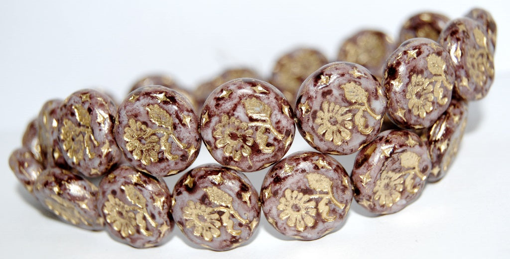 Round Flat With Flower Marguerite Pressed Glass Beads, Chalk White Lava Glass Brown 54202 (3000 Lava Glass Brown 54202), Glass, Czech Republic
