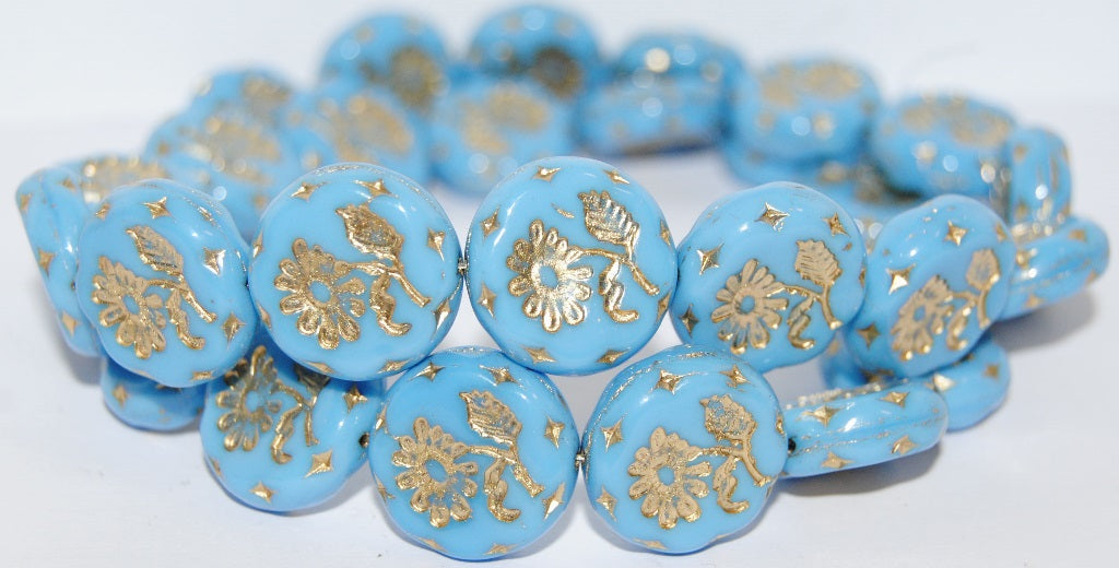 Round Flat With Flower Marguerite Pressed Glass Beads, (63040 54202), Glass, Czech Republic
