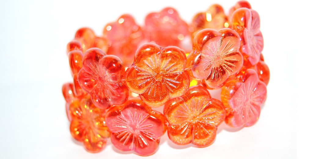 Round Flower Hibiskus Pressed Glass Beads, 48109 (48109), Glass, Czech Republic