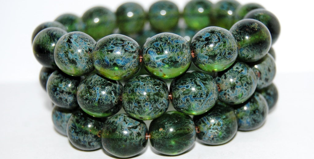 Round Pressed Glass Beads Druck, Transparent Green Travertin (50210 86800), Glass, Czech Republic