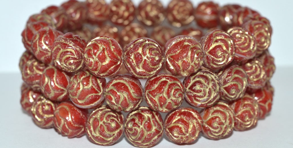 Round Rose Pressed Glass Beads, Coral 54202 (7913 54202), Glass, Czech Republic