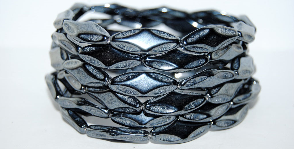 Faceted Oval With Star Pressed Glass Beads, Black Hematite (23980 14400), Glass, Czech Republic