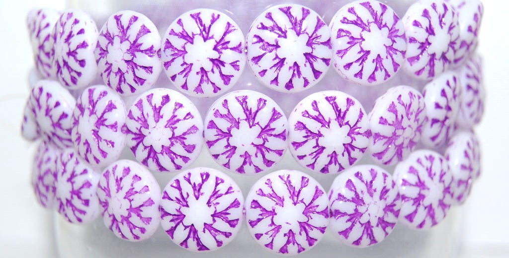 Round Flower Edelweiss Pressed Glass Beads, White 46420 (2010 46420), Glass, Czech Republic
