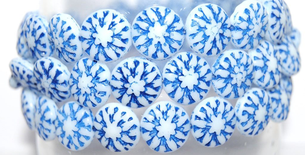 Round Flower Edelweiss Pressed Glass Beads, White 46430 (2010 46430), Glass, Czech Republic