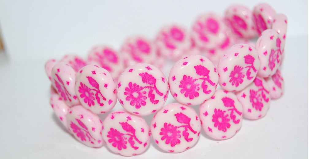 Round Flat With Flower Marguerite Pressed Glass Beads, Opaque Pink 46470 (73010 46470), Glass, Czech Republic