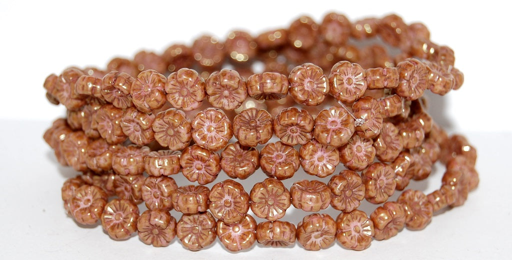 Hawaii Flower Pressed Glass Beads, Stain With Luster Red (65491), Glass, Czech Republic