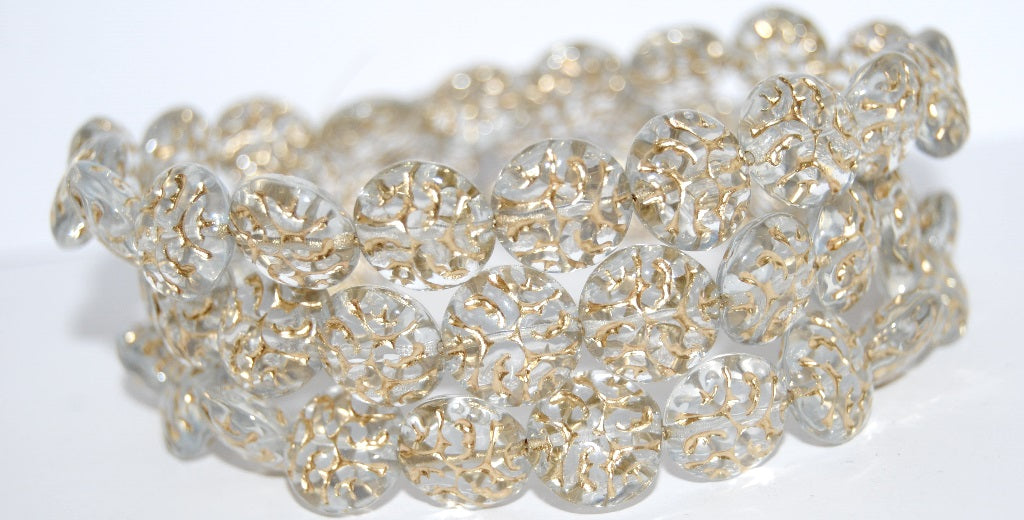 Lentil Round With Ornament Brain Pressed Glass Beads, (1000 54202), Glass, Czech Republic