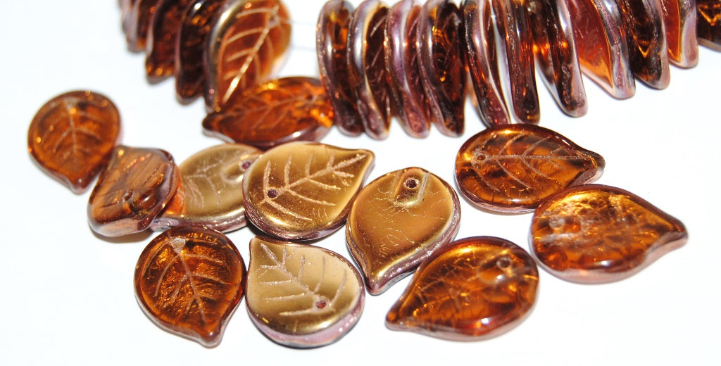 Leaf Pressed Glass Beads, Transparent Orange 27101 (10040 27101), Glass, Czech Republic
