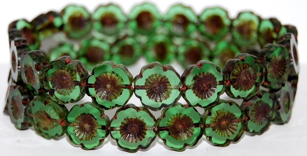 Table Cut Round Beads Hawaii Flowers, Transparent Green Travertin (50520 86800), Glass, Czech Republic